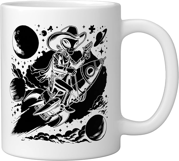 Alien Lover Flying Saucer UFO Extraterrestrial Cowboy Ceramic Mug, White