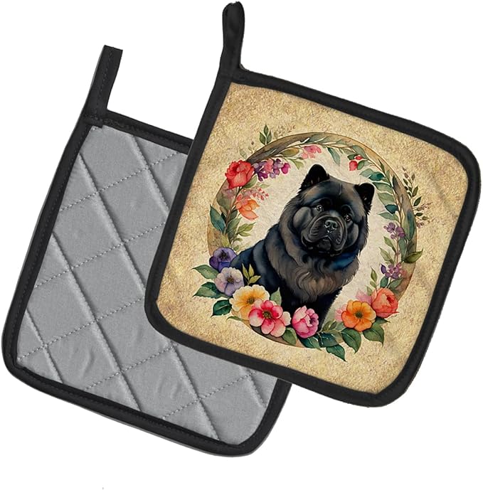 Caroline's Treasures Black Chow Chow and Flowers Pair of Pot Holders Kitchen Heat Resistant Pot Holders Sets Oven Hot Pads for Cooking Baking BBQ, 7 1/2 x 7 1/2