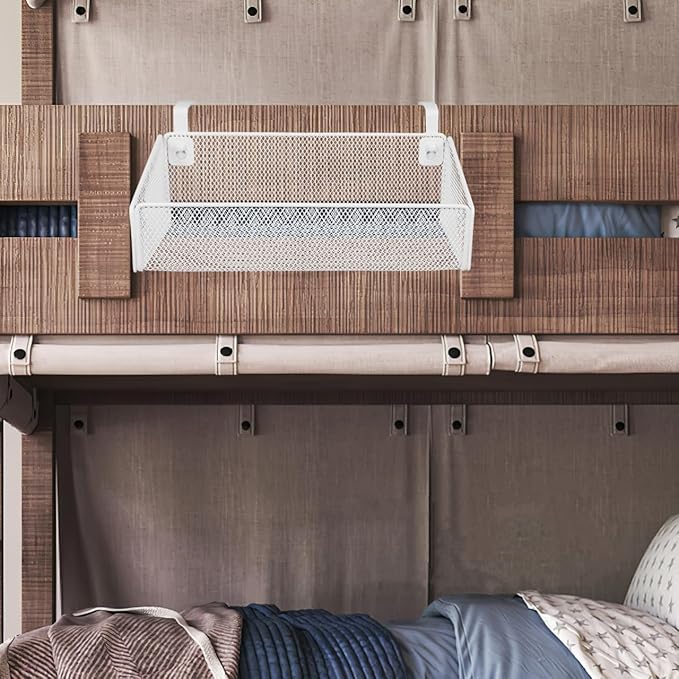 PartyKindom Hanging Bed Organizer, Metal Wire Bedside Caddy with Removable Hooks Spacious Bunk Bed Storage Basket Shelf for Phone Books Aesthetic Dorm Room Essentials Nightstand Alternative (White)