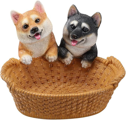 Resin Double Shiba Inu Desktop Storage Basket, Decorative Catchall Bowl & Key Tray for Entryway Table, Cute Dog Statue Organizer, Pet Lover Gift