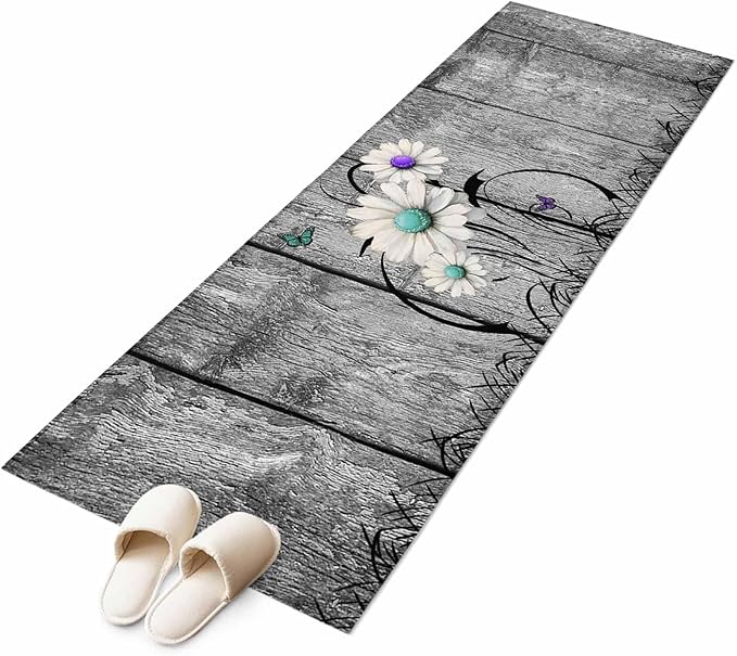 Runner Rug for Bedroom Hallway, Farm Daisy Shabby Wood Grain Kitchen Runner Rugs Area Rug 2x6ft, Vintage Flower Plant Butterfly Washable Soft Floor Carpet for Entryway Stair