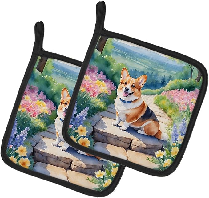 Caroline's Treasures Corgi Spring Path Pair of Pot Holders Kitchen Heat Resistant Pot Holders Sets Oven Hot Pads for Cooking Baking BBQ, 7 1/2 x 7 1/2