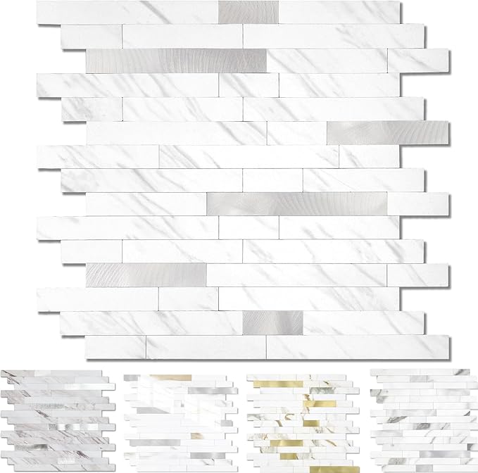 Yipscazo 1 Sheet Peel and Stick Stone Metal Tile Backsplash, Stick on Tiles for Backsplash Kitchen, Bathroom, Laundry Room, Camper, Fireplace (12'' X 12'', White Stone with Metal)