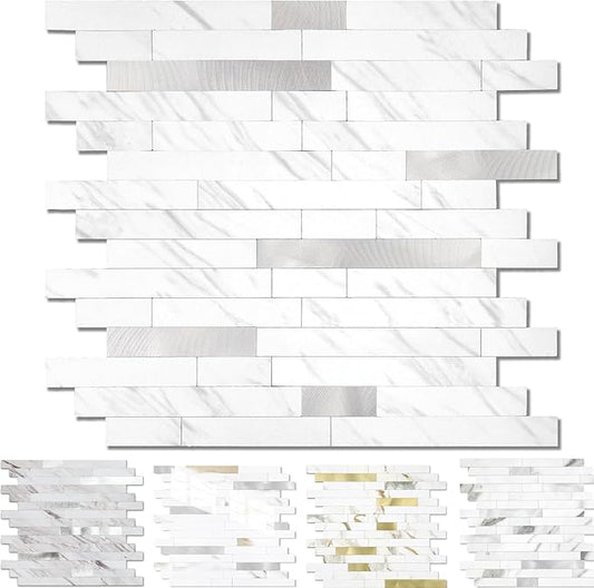 Yipscazo 1 Sheet Peel and Stick Stone Metal Tile Backsplash, Stick on Tiles for Backsplash Kitchen, Bathroom, Laundry Room, Camper, Fireplace (12'' X 12'', White Stone with Metal)