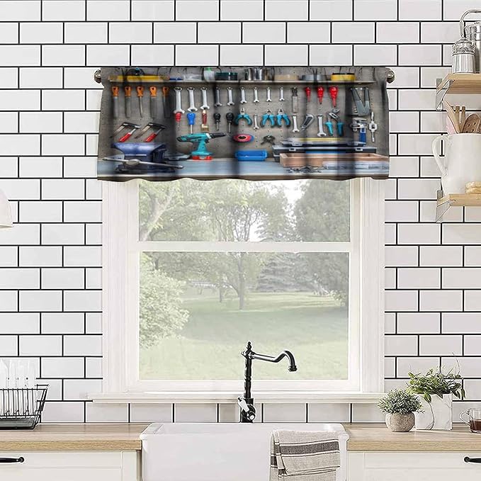 Workshop Tools Backdrop Valance Curtain Garage Mechanic Backdrop Rod Pocket Valance Window Treatments Short Curtains for Kitchen Bathroom Farmhouse Living Room Decor 54x18inch