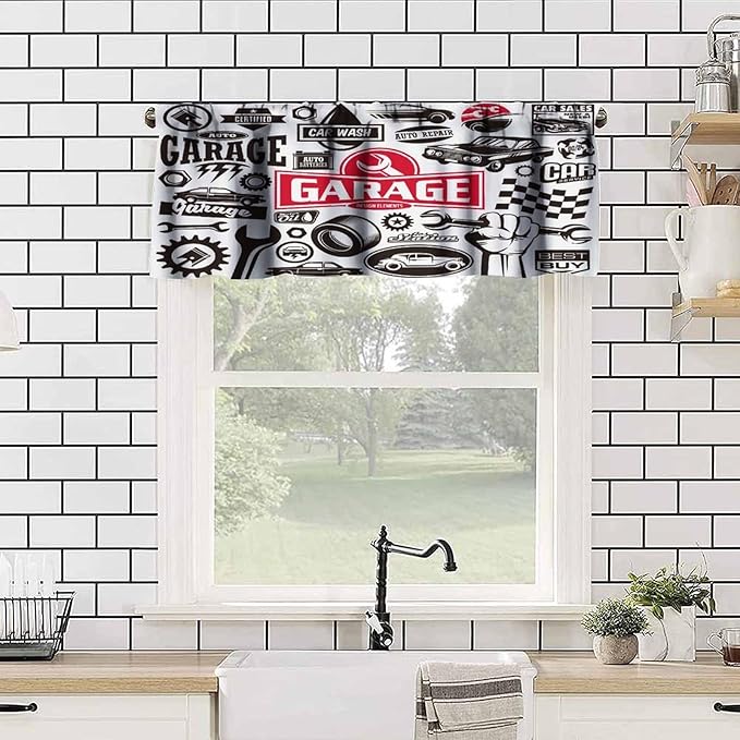 Car Service Garage Symbol Valances Curtains, Transportation Vehicle Icon Set, Design Elements of Logo Windows Short Curtain Valance for Kitchen Bedroom With Rod Pocket, 1 Panel 54X18 Inches