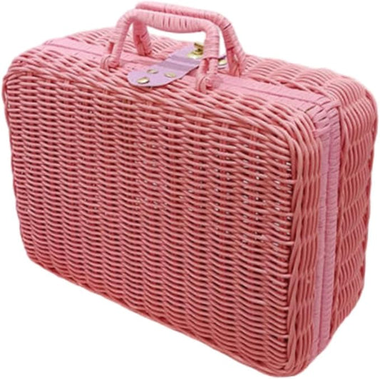Woven Suitcase Imitation Rattan Storage Basket Gift Box Rustic Picnic Suitcase Handwoven Storage Case for Travelling Bathroom, Pink S