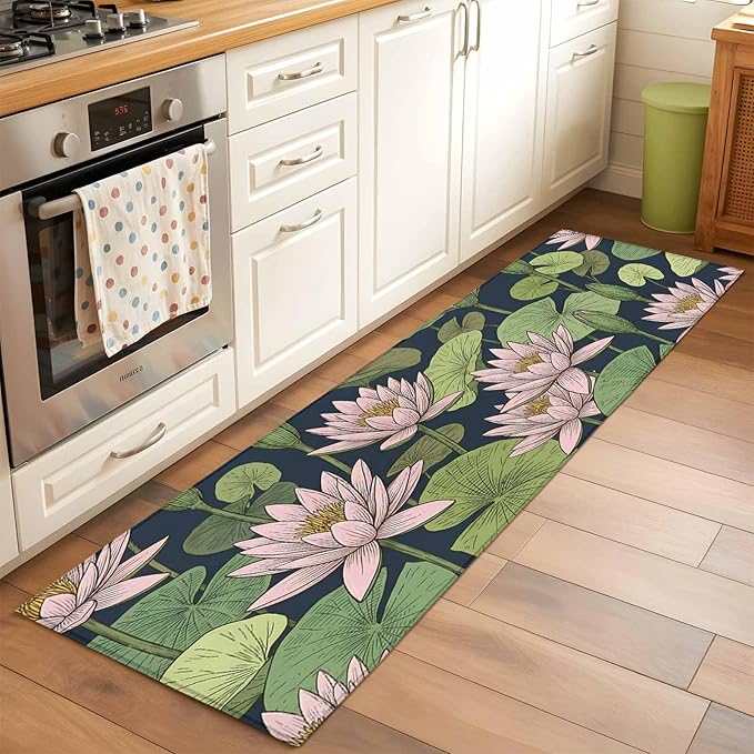Runner Rug for Bedroom Hallway, Pink Lotus Water Lily Dark Green Leaves Kitchen Runner Rugs Area Rug 2x6ft, Oriental Style Washable Soft Floor Carpet for Entryway Stair