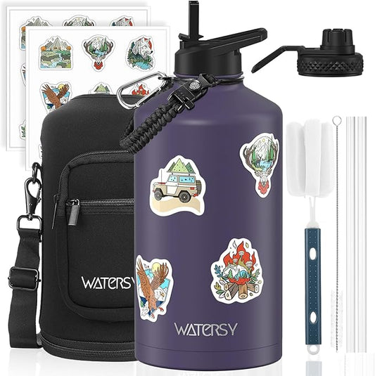 1 Gallon Water Bottle Insulated(Cold for 48 Hrs),BPA Free&Leak Proof,128oz Stainless Steel Water Jug,Large Water Bottle with Straw Spout Lids for Gym,Hiking,Camping&Travel,Purple