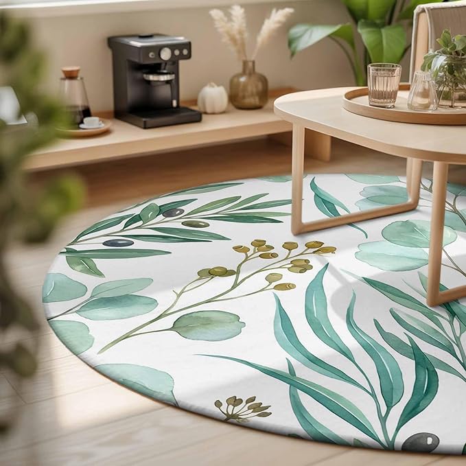 Washable Round Area Rug Watercolor Eucalyptus Leaves Circle Rugs Floor Carpet for Living Room Bedroom, Spring Green Foliage Branch Soft Non Slip Round Rug 3ft