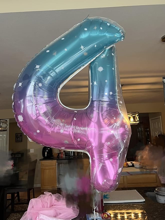 Balloon Number 4, Number Balloon for 4th Birthday Decorations, 40 Inch Big Balloons for 4, 14, 40 Wedding Anniversaries Party Girls Boys, Blue and Pink