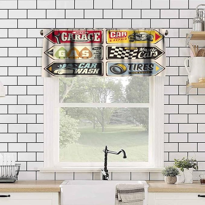 1950s Valances Curtains Vintage Car Signs Automobile Advertising Repair Vehicle Garage Classics Servicing, Windows Short Curtain Valance for Kitchen Bedroom with Rod Pocket, One Panel 54X18 Inches