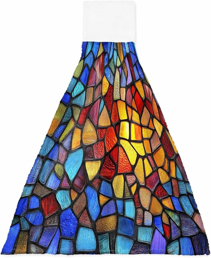 Alandar Home Kitchen Tie Towel Set of 1, Stained Glass Colorful Gradient Absorbent Soft Hand Towels for Bathroom Hanging Towels, Abstract Geometric Fast Drying Cleaning Cloth with Loop