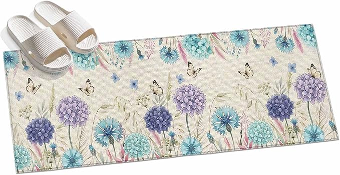 Runner Rug for Bedroom Hallway, Farm Blossom Floral Hydrangea Kitchen Runner Rugs Area Rug 2x6ft, Watercolor Butterfly on Linen Washable Soft Floor Carpet for Entryway Stair