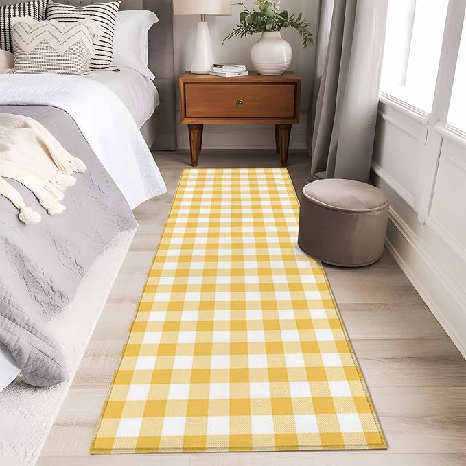 Runner Rug for Bedroom Hallway, Rustic Country Yellow and White Buffalo Lattice Checked Kitchen Runner Rugs Area Rug 2x6ft, Farm Style Washable Soft Floor Carpet for Entryway Stair