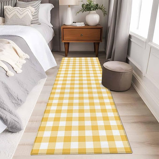 Runner Rug for Bedroom Hallway, Rustic Country Yellow and White Buffalo Lattice Checked Kitchen Runner Rugs Area Rug 2x6ft, Farm Style Washable Soft Floor Carpet for Entryway Stair