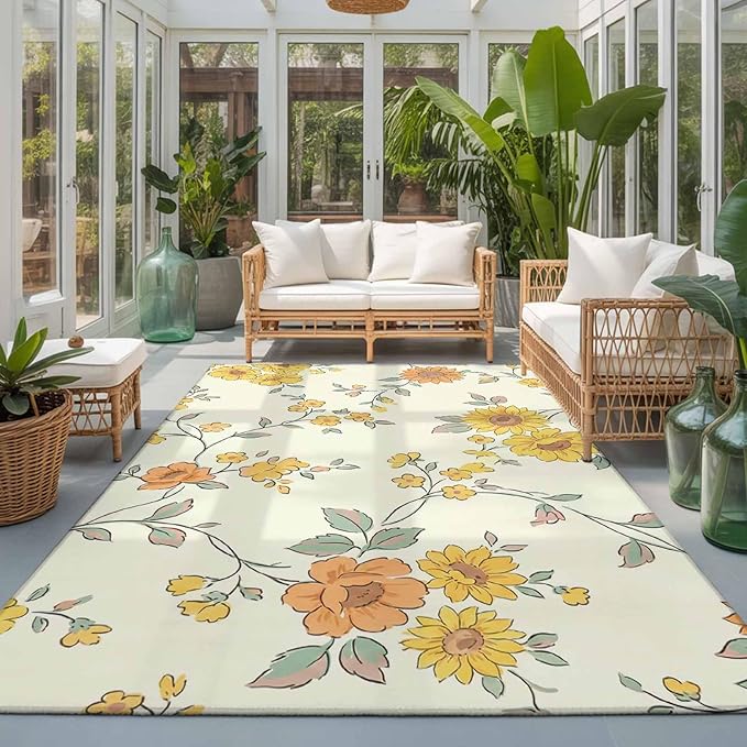 Area Rug 3x5ft, Orange Yellow Flowers Wild Vines Washable Rugs for Living Room Bedroom, Watercolor Floral Soft Non-Slip Area Rugs Rectangle Floor Carpet for Dining Room