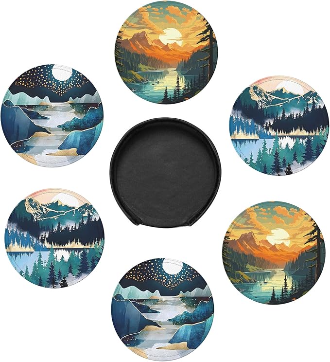 Landscape Mountain Leather Drinks Coasters with Holder, Set of 6, Suitable for Various Cups