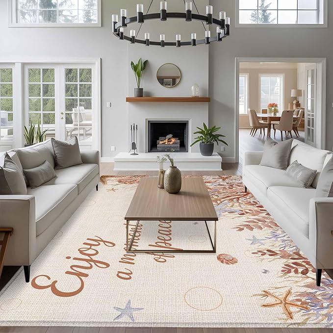 Area Rug 6x9ft, Orange Marine Starfish Coral Seaweed Washable Rugs for Living Room Bedroom, Peace Quote on Linen Soft Non-Slip Area Rugs Rectangle Floor Carpet for Dining Room