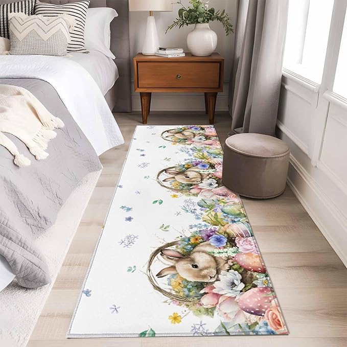 Runner Rug for Bedroom Hallway, Easter Egg Spring Flower Cute Rabbit Kitchen Runner Rugs Area Rug 2x6ft, Blossom Floral on White Washable Soft Floor Carpet for Entryway Stair