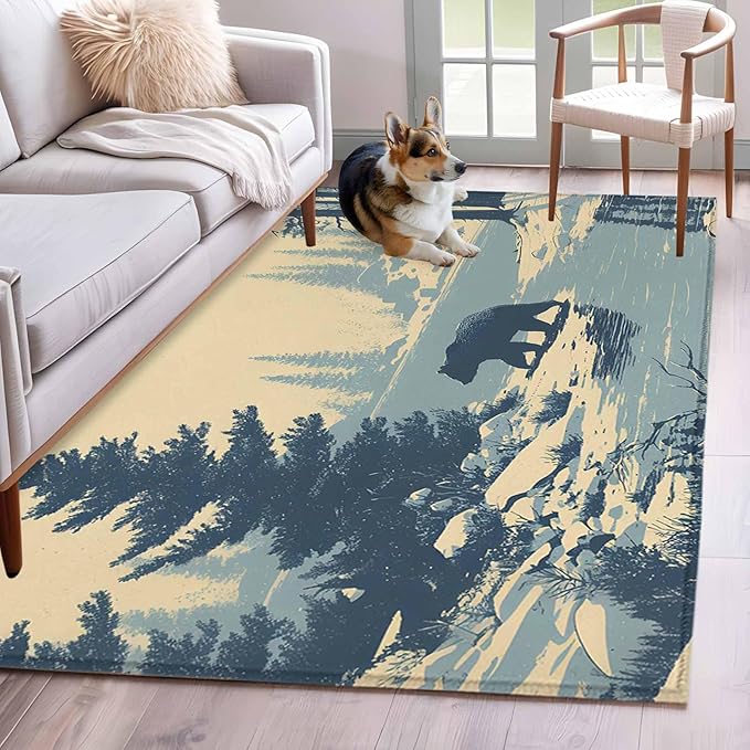 Area Rug 4x6ft, Winter Bear Evergreen Trees Washable Rugs for Living Room Bedroom, Rustic Snow River Soft Non-Slip Area Rugs Rectangle Floor Carpet for Dining Room