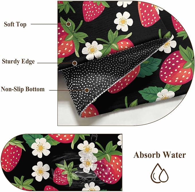 Area Rug 3x5ft, Red Strawberry Litter Flower Leaves on Black Washable Rugs for Living Room Bedroom, Summer Fruit Soft Non-Slip Area Rugs Rectangle Floor Carpet for Dining Room