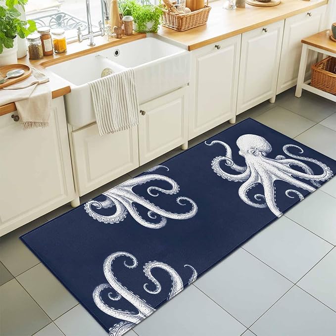 Runner Rug for Bedroom Hallway, Underwater Ocean Giant Octopus Kitchen Runner Rugs Area Rug 2x6ft, Navy Blue White Marine Life Washable Soft Floor Carpet for Entryway Stair