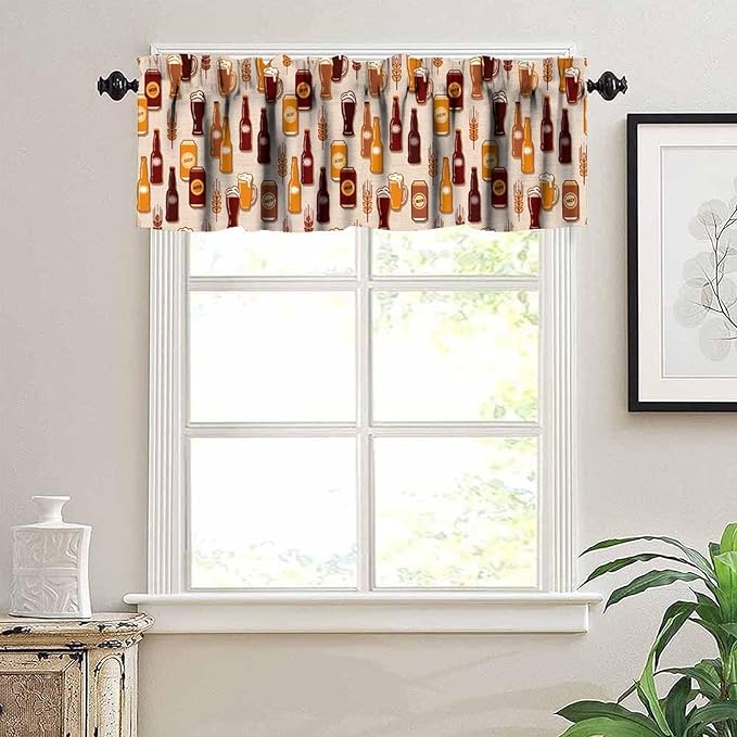 Retro Beer Curtain Valance, Brown Beer Wheat Bottle Print Decorative Short Rod Pocket Window Treatment for Kitchen Dining Bedroom Living Room, 54x18Inch