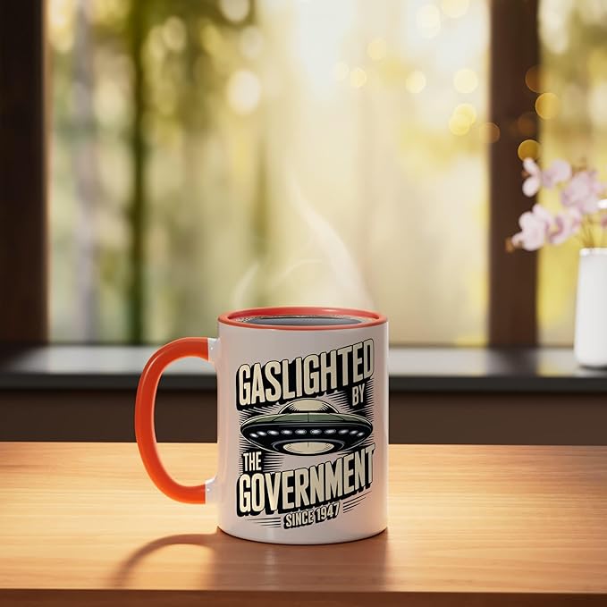 Alien UFO Gaslighted by the Government 1947 Ceramic Mug, Orange/White