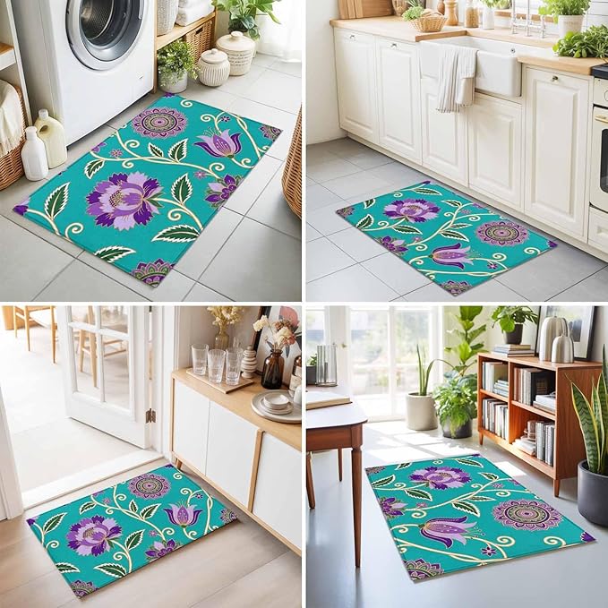 Area Rug 2x3ft, Bohemian Purple Flowers Washable Rugs for Living Room Bedroom, Paisley Floral Art Soft Non-Slip Area Rugs Rectangle Floor Carpet for Dining Room