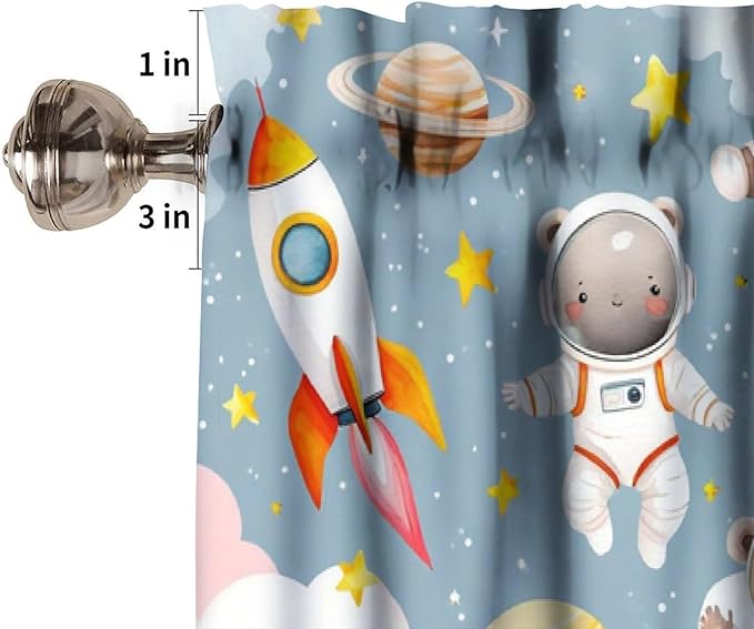 Cartoon Space Valance, Kids Cute Bear Astronaut Pink Clouds Rocket Short Window Treatment for Kitchen Dining Room Bedroom Nursery, 54x18Inch