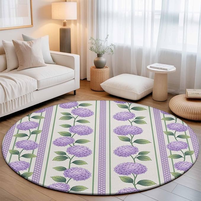 Washable Round Area Rug Watercolor Hydrangea Flower Circle Rugs Floor Carpet for Living Room Bedroom, Spring Floral Leaves on Linen Soft Non Slip Round Rug 5ft
