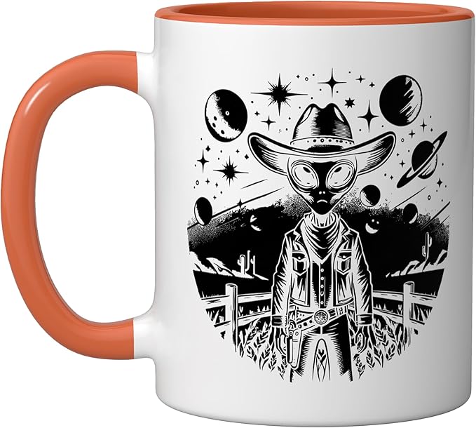 Alien Lover Flying Saucer UFO Extraterrestrial Cowboy Ceramic Mug, Orange/White