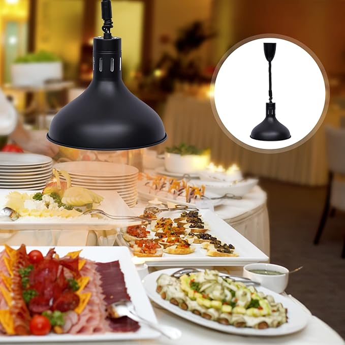 250W Commercial Hanging Food Heat Lamp, 110V Ceiling Mounted Infrared Food Warmer Light, 122℉ Retractable Warming Lamp for Restaurant Buffet Kitchen Cafeteria Hotel and Home Use(Black)