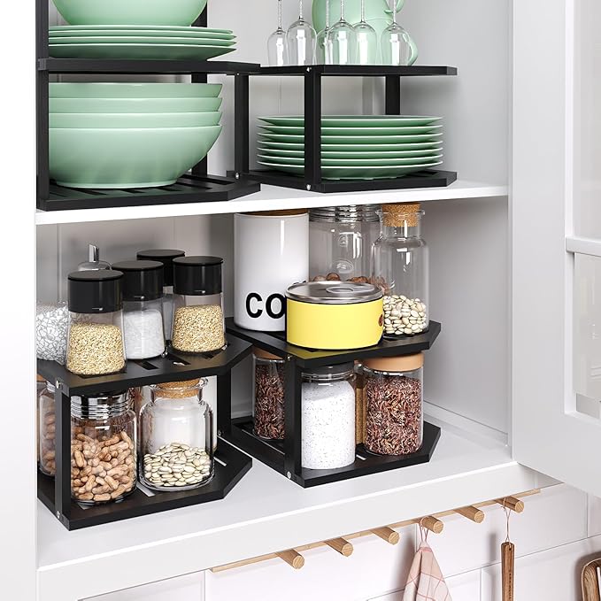 VERTORGAN Bamboo Corner Shelf(3 Pack),2 Tier Plate Organizer for Cabinet and Countertop,Pantry Dish and Spice Rack for Kitchen(Black)