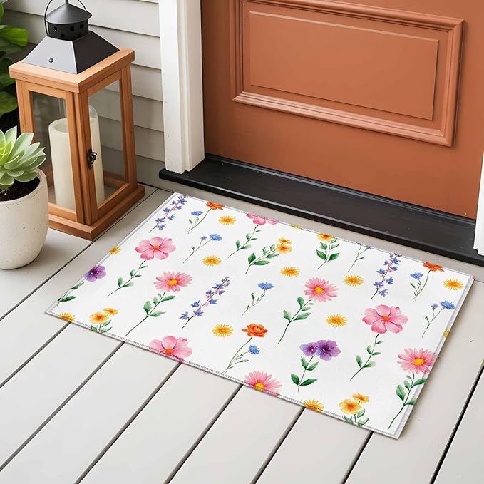 Area Rug 2x3ft, Watercolor Farmhouse Flower Washable Rugs for Living Room Bedroom, Yellow Pink Purple Blue Floral Soft Non-Slip Area Rugs Rectangle Floor Carpet for Dining Room