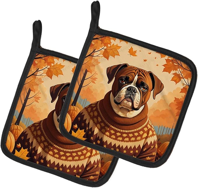 Caroline's Treasures DAC1026PTHD Boxer Fall Pair of Pot Holders Kitchen Heat Resistant Pot Holders Sets Oven Hot Pads for Cooking Baking BBQ, 7 1/2 x 7 1/2