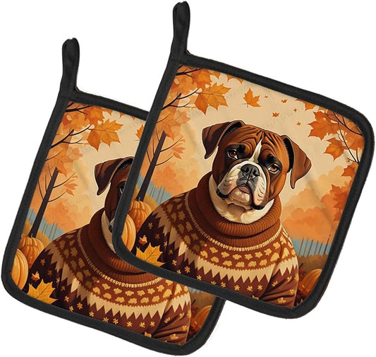 Caroline's Treasures DAC1026PTHD Boxer Fall Pair of Pot Holders Kitchen Heat Resistant Pot Holders Sets Oven Hot Pads for Cooking Baking BBQ, 7 1/2 x 7 1/2