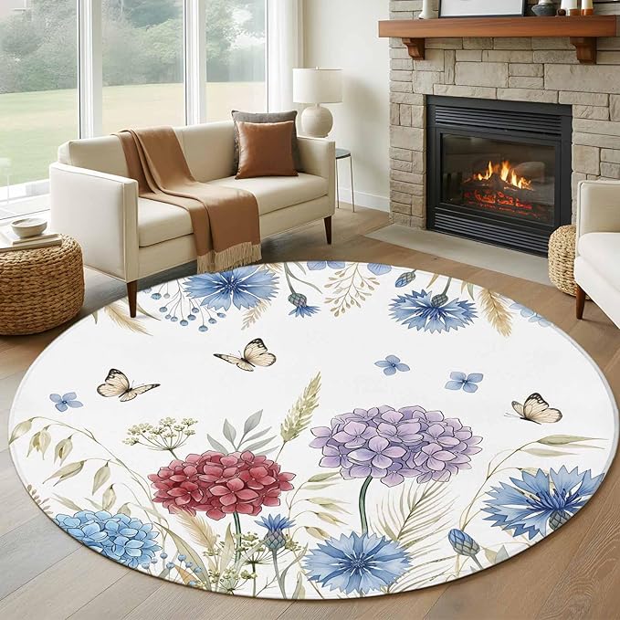 Washable Round Area Rug Watercolor Hydrangea Flower Circle Rugs Floor Carpet for Living Room Bedroom, Garden Floral Butterfly Leaves Soft Non Slip Round Rug 5ft