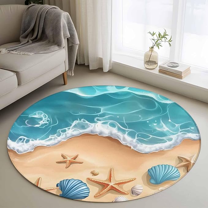 Washable Round Area Rug Summer Beach Shell Starfish Circle Rugs Floor Carpet for Living Room Bedroom, Marine Life Cartoon Style Soft Non Slip Round Rug 4ft