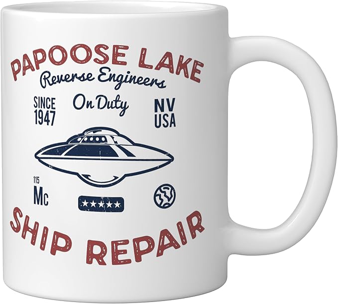 Flying Saucer Papoose Lake Ship Repair Funny UFO Ceramic Mug, White