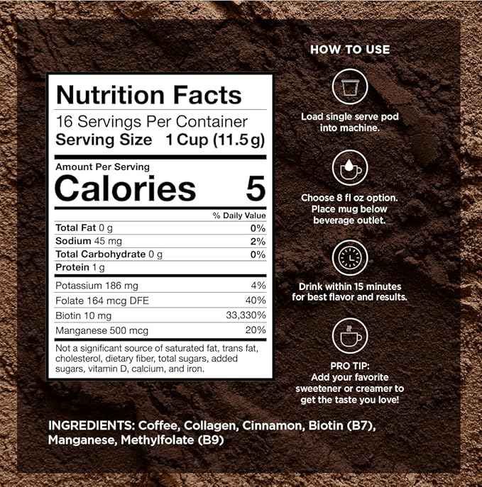 VitaCup Beauty Collagen Coffee Pods for Hair, Skin & Nails, with Biotin & Folate, Medium Dark Roast, Keto Friendly, Single Serve Pod Compatible with Keurig K-Cup Brewers,64 Ct