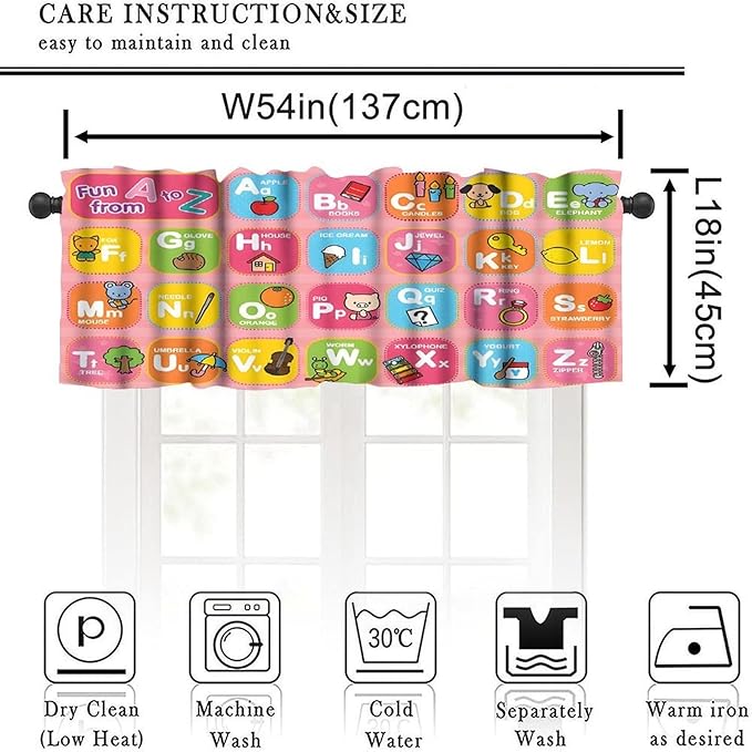 ABC Valance Curtain, Cute Pink Educational Alphabet A to Z Kids Boys Girls Window Treatment for Kitchen Bedroom Nursery Classroom, 54x18Inch