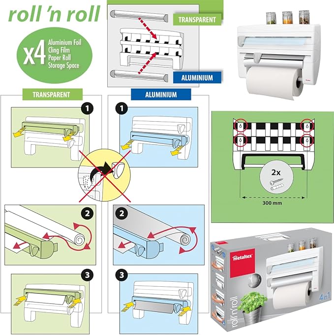 Metaltex 254410 Roll-n-Roll 4-in-1 Kitchen Roll Holder Dispenser, White, 39 x 10 x 25 cm.