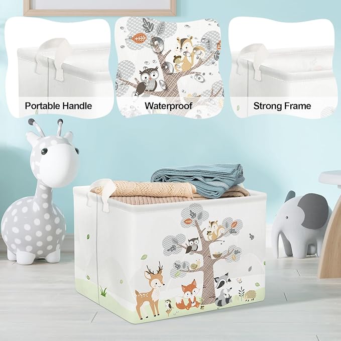 Clastyle 36L Large Woodland Animal Tree House Baby Basket Rectangle Deer Fox Squirrel Shelf Basket with Handle Collapsible Book Toy Clothes Towel Nursery Storage Basket