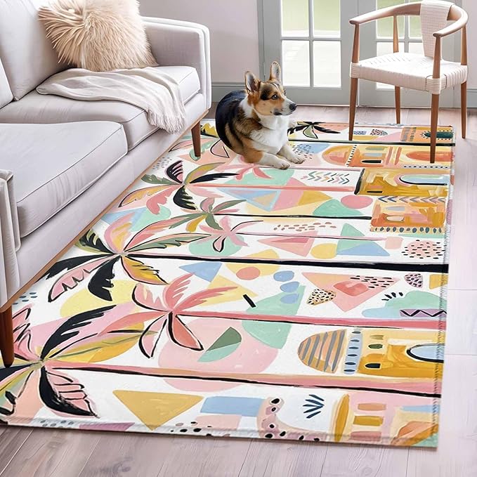 Area Rug 4x6ft, Boho Summer Artistic Palm Trees Washable Rugs for Living Room Bedroom, Abstract Buildings Soft Non-Slip Area Rugs Rectangle Floor Carpet for Dining Room