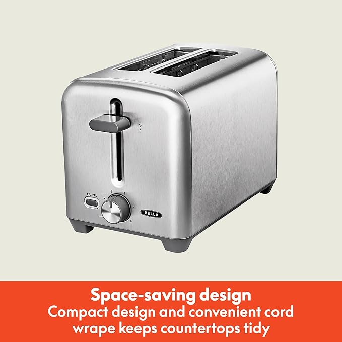 bella Stainless Steel 2 Slice Toaster with Extra Wide Slots & Removable Crumb Tray - 6 Browning Options, Auto Shut Off & Reheat Function - Toast Bread, Bagel & Waffle