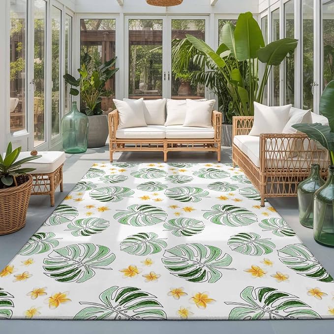 Area Rug 3x5ft, Summer Palm Leaves Pattern Washable Rugs for Living Room Bedroom, Scattered Starburst Flowers Soft Non-Slip Area Rugs Rectangle Floor Carpet for Dining Room