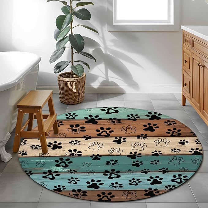 Washable Round Area Rug Farm Brown Wood Board Circle Rugs Floor Carpet for Living Room Bedroom, Dog Paw Print Animal Footprint Soft Non Slip Round Rug 3ft