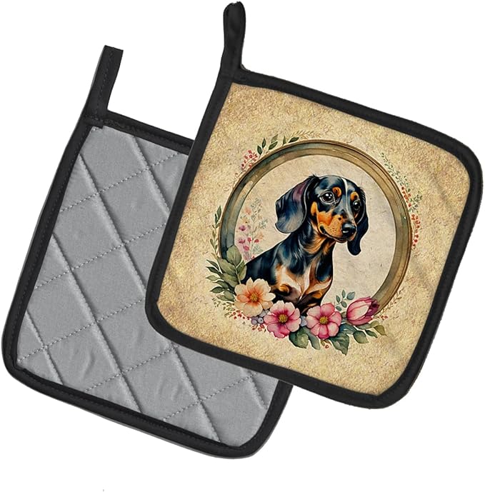 Caroline's Treasures Dachshund and Flowers Pair of Pot Holders Kitchen Heat Resistant Pot Holders Sets Oven Hot Pads for Cooking Baking BBQ, 7 1/2 x 7 1/2